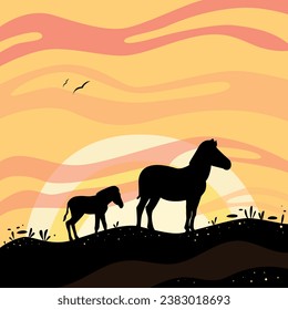 zebra at sunset, silhouette of a zebra on the background of the sunset in the savannah, Africa landscape, the world of wildlife, a family of zebras in the savannah 