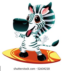 Zebra with surf. Funny cartoon and vector  character