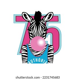 Zebra with tank top and bubblegum ball, number 75, vector t-shirt fashion design