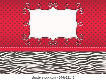 Zebra texture and dotted background with frame. Vintage card with animal pattern. Vector illustration.