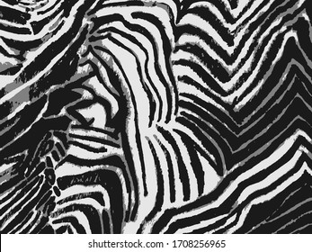 Zebra Texture Vector. White Striped. Watercolor Illustration. Black Stripes. Tie Dye Tile. Tiger Stripes Paint. Batik ikat. Jungle African Design. Vector Tiger Pattern.