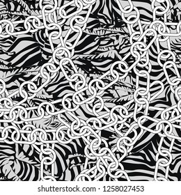 zebra texture and white chains, seamless vector pattern