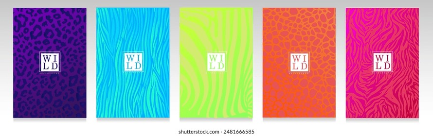 Zebra, tiger, giraffe, leopard skin cover set. Colorful seamless pattern: wild background trendy collection.	