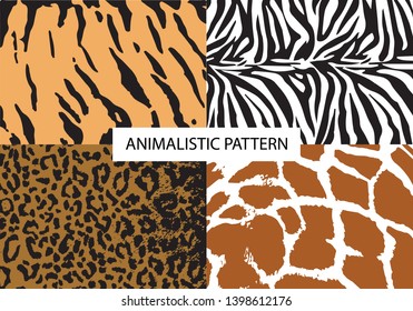 Zebra, tiger, leopard, giraffe. Safari. Collection, set of 4 patterns. Animalistic pattern. Animal skin. Africa. Abstract pattern for design