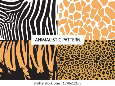 Zebra, tiger, leopard, giraffe. Safari. Collection, set of 4 patterns. Animalistic pattern. Animal skin. Africa. Abstract pattern for design