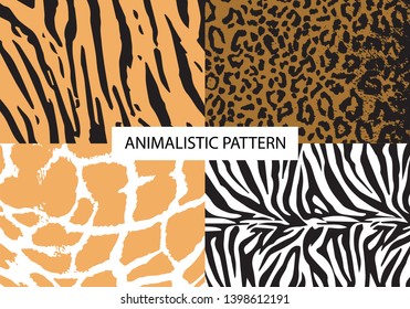 Zebra, tiger, leopard, giraffe. Safari. Collection, set of 4 patterns. Animalistic pattern. Animal skin. Africa. Abstract pattern for design