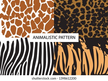 Zebra, tiger, leopard, giraffe. Safari. Collection, set of 4 patterns. Animalistic pattern. Animal skin. Africa. Abstract pattern for design