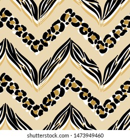 Zebra or Tiger and Leopard Print Chevron Seamless Pattern. Hand Drawn Doodle Animal Skin Stripes and Spots. Vector Abstract Zig zag Striped Golden Black Background.