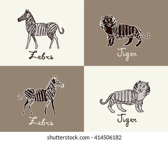 Zebra and Tiger on a brown and beige background with an inscription