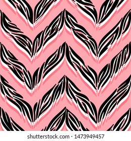 Zebra or Tiger Print Chevron Seamless Pattern. Hand Drawn Doodle Animal Skin Stripes and Spots. Vector Abstract Zig zag Striped Pink Black White Colors Background.