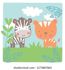 Zebra and tiger safari landscape print