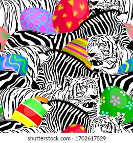 Zebra und Tiger nahtloses Muster mit bunten Ostereiern. Savannah Animal Ornament. Wilde Tierdesign modische Textur, Illustration.
