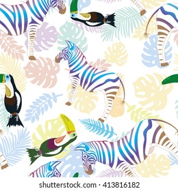 Zebra and toucan on the background of tropical leaves and pineapple. Vector, pattern