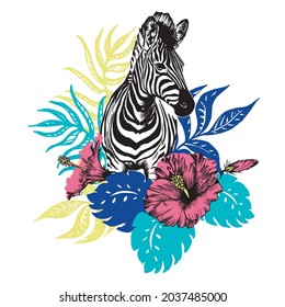 Zebra with tropical hibiscus flower and monstera leaf vector illustration