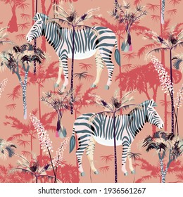 Zebra in tropical jungle seamless vector pattern. Square design for fabric, wallpaper, wrapping paper, scrapbook paper, invitation card. Red, black and white colors.