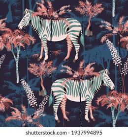Zebra in tropischem Dschungel nahtlose Vektormuster. Quadratisches Design für Stoff, Tapete, Wickelpapier, Scrapie-Papier, Einladungskarte. Dunkelblau, weiß, schwarz und rosa.