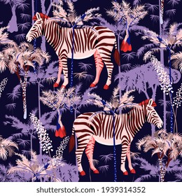 Zebra in tropical jungle seamless vector pattern. Square design for fabric, wallpaper, wrapping paper, scrapbook paper, invitation card. Violet, lilac, red colors.