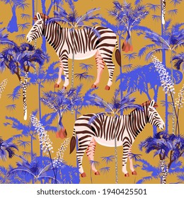 Zebra in tropical jungle seamless vector pattern. Square design for fabric, wallpaper, wrapping paper, scrapbook paper, invitation card. Yellow, beige, ochre, violet, lilac colors.