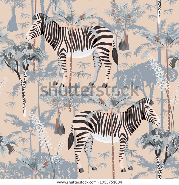 Zebra in tropical jungle seamless vector pattern. Square design for fabric, wallpaper, wrapping paper, scrapbook paper, invitation card. Beige, grey, cream, ivory colors.