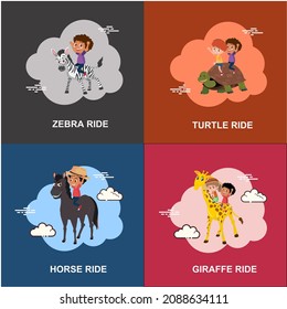 Zebra, turtle, horse, giraffe ride flat vector collection design