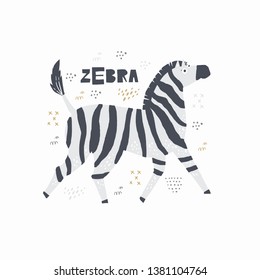 Zebra vector hand drawn poster. African cartoon animal with name flat clipart. Wild mammal isolated drawing in scandinavian style. Handwritten lettering. Savanna wildlife. Kids book illustration