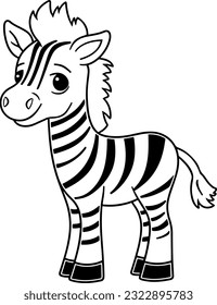 Zebra vector illustration. Black and white outline Zebra coloring book or page for children