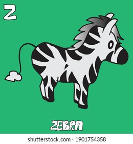 zebra vector illustration on green background. little horse with striped with hair. Z-alphabet, english language for kids. hand drawn lettering-zebra. doodle animal for kids, card, education, poster. 