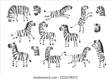 Zebra vector illustration set. This collection is perfect for creating book and notepad covers, art prints, postcards, stickers, posters, collages, branding, social media, clothing, wrapping paper.