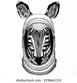 Zebra vector portrait. Head of african wild animal zebra. Astronaut animal. Vector portrait. Cosmos and Spaceman. Space illustration about travel to the moon. Funny science hand drawn illustration.