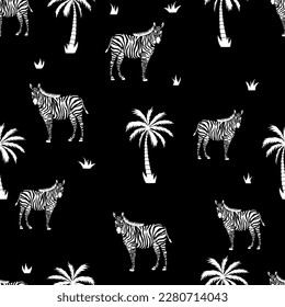 Zebra vector seamless texture on black background. Exotic seamless pattern with zebra and palm tree