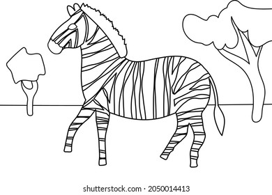 zebra walking on the savannah. black and white contour drawing by hand. coloring page for kids.