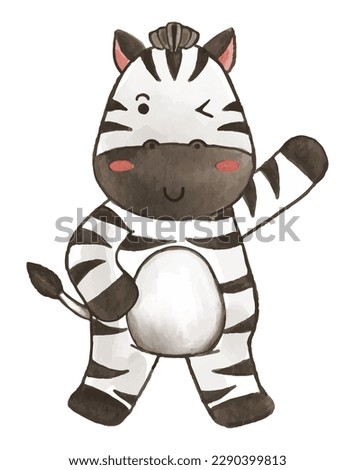 Zebra . Watercolor paint design . Cute animal cartoon character . Raise hand position . Vector .