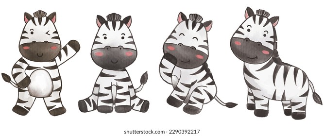 Zebra . Watercolor paint design . Set of cute animal cartoon character . Vector .