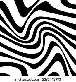 Zebra wavy pattern. Linear monochrome vector texture. Psychedelic striped black and white background.