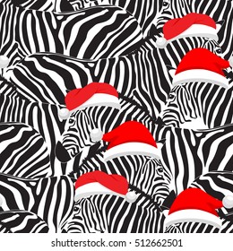 Zebra wearing Santa hats seamless pattern.  Savannah Animal ornament. Wild animal texture. Striped black and white. design trendy fabric texture, illustration.
