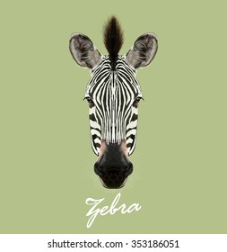 Zebra wild animal face. Vector cute African safari black and white Zebra head portrait. Realistic fur portrait of beautiful striped savannah Zebra on green background.