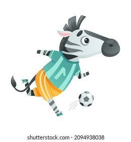 Zebra wild animal playing soccer. Cute football mascot in sports uniform cartoon vector illustration