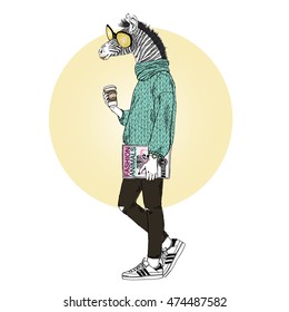 zebra woman dressed up in knitted pullover and skinny jeans, furry art illustration, fashion animals, hipster animals, dressed up animals