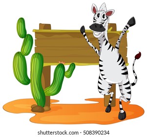 Zebra and wooden sign in desert field illustration