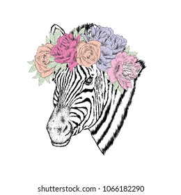A zebra in a wreath of flowers. Vector illustration.