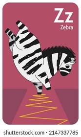 Zebra Z letter. A-Z Alphabet collection with cute cartoon animals in 2D. Zebra standing on its front legs. Striped zebra dancing breakdance and doing zigzag tricks. Hand-drawn funny simple style.