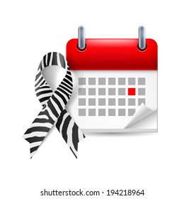 Zebra-print awareness ribbon and calendar with marked day. Rare-disease, Ehlers-Danlos syndrome symbol