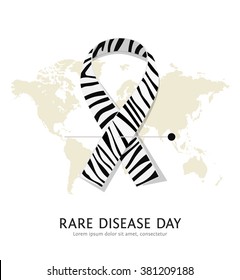 Zebra-print ribbon - symbol of rare-disease awareness. Vector illustration of awareness ribon for World Day of rare disease. Ribbon with shadow on world map