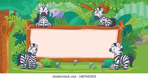 zebras with a blank sign wood in the jungle