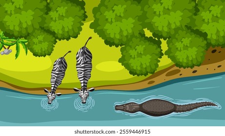 Zebras drink water near a lurking crocodile