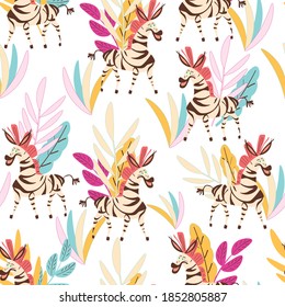 Cebras, flores, patrón de vector plano animal sin fisuras sobre fondo blanco. Concepto de papel pintado, papel de embalaje, tarjetas 