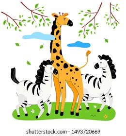 Zebras and giraffe - flat design style illustration