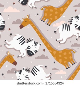 Zebras and giraffes, hand drawn backdrop. Colorful seamless pattern with animals, sky. Decorative cute wallpaper, good for printing. Overlapping background vector. Design illustration
