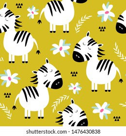 Zebras, hand drawn backdrop. Colorful seamless pattern with animals, flowers. Decorative cute wallpaper, good for printing. Overlapping background vector. Design illustration