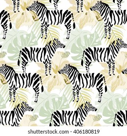 Zebras, hibiscus flowers and palm leaves on the light background. Vector seamless pattern.